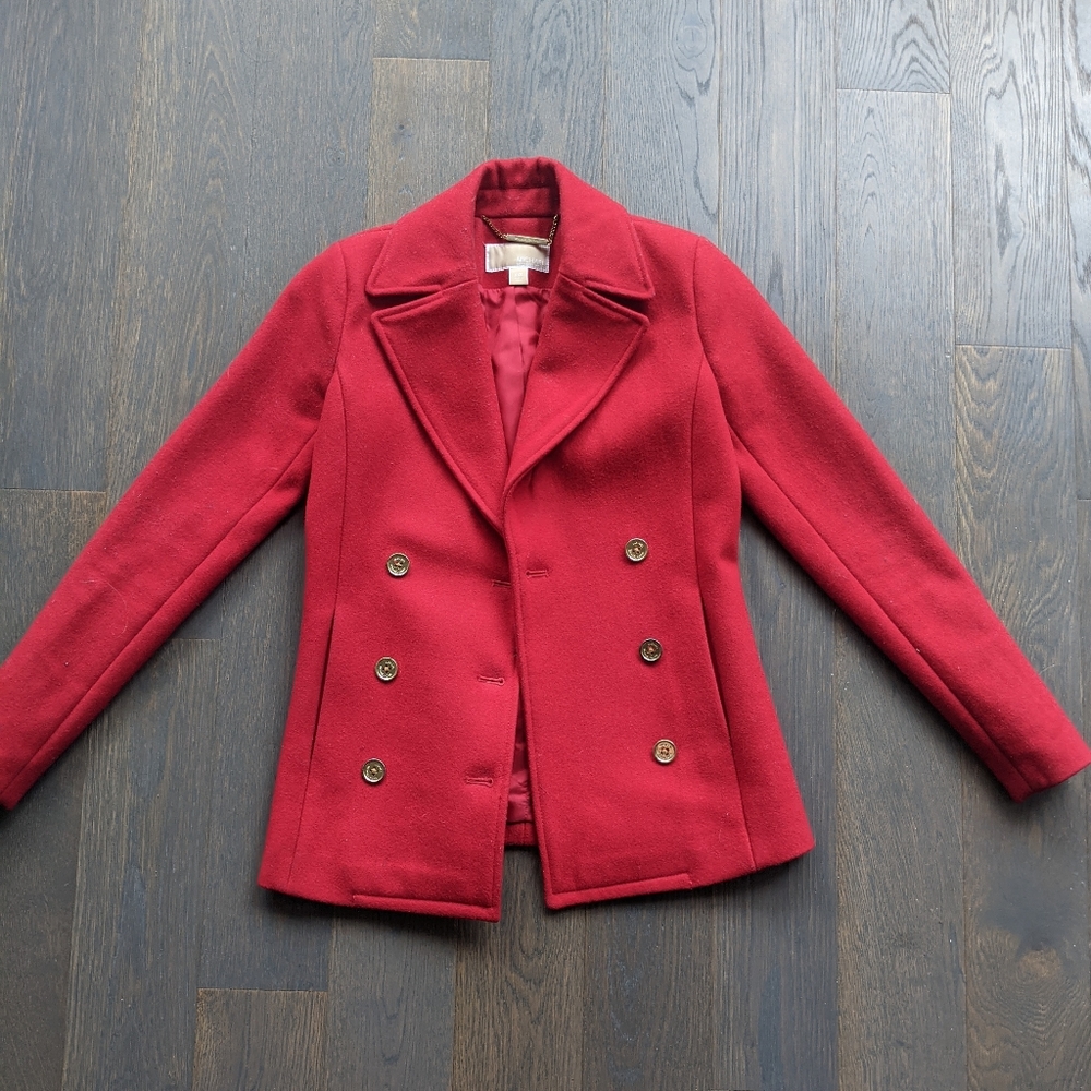 Michael Kors Red Wool Double-breasted Pea Coat - Picture 2 of 11